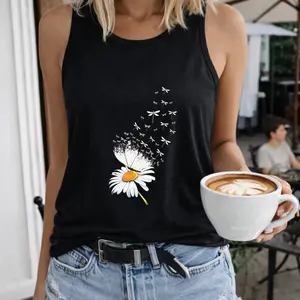 Daisy Dragonfly Flight Pattern Print Women's T-Shirt Crew-neck Sleeveless Vest Outdoor Casual Short Sleeve