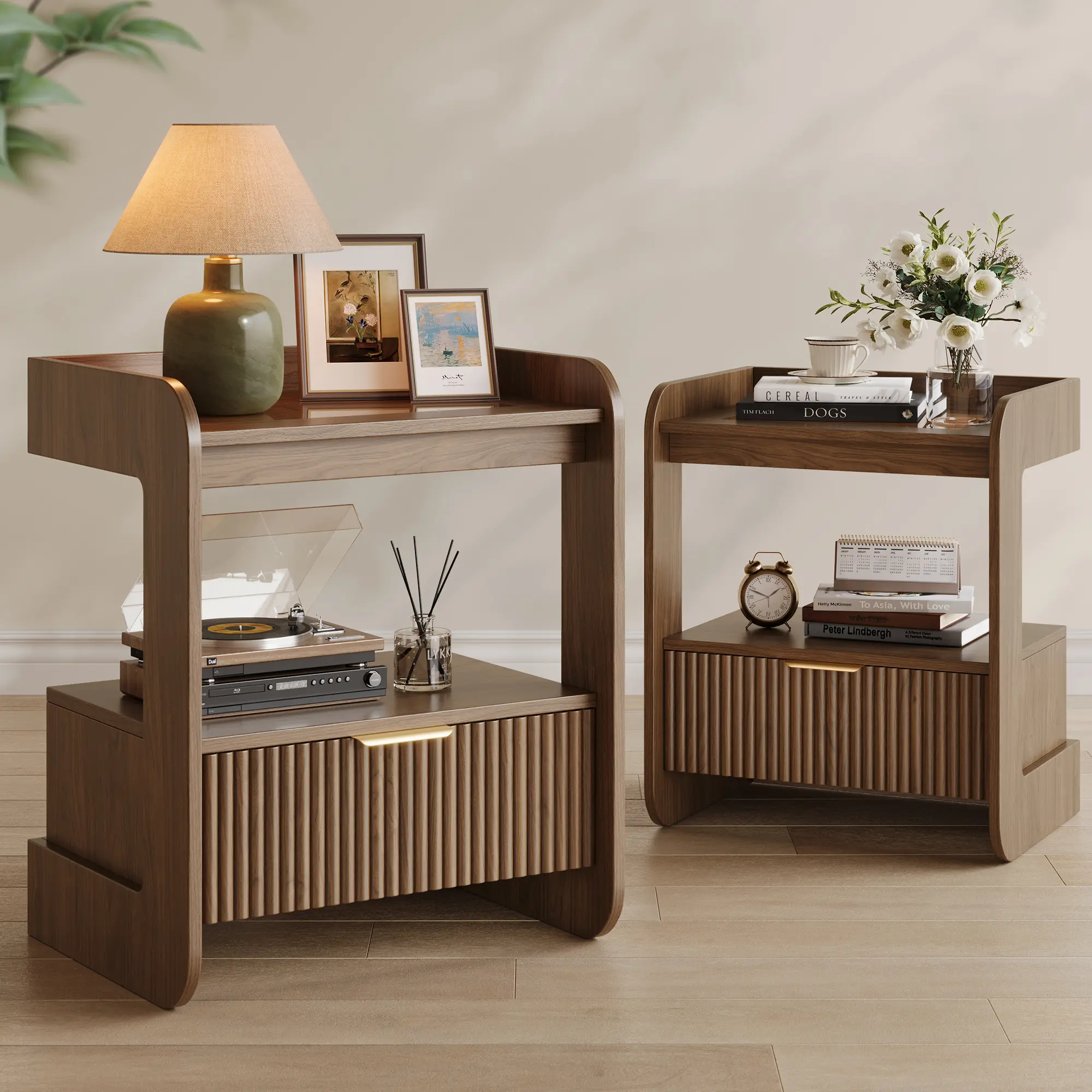 Modern Fluted Nightstand Set of 2 for Bedroom,Mid Century Bedside Table with Drawer & Open Shelf,Wood End Table,Farmhouse Night Stand for Home,Hallway,Office,White/Walnut/Black