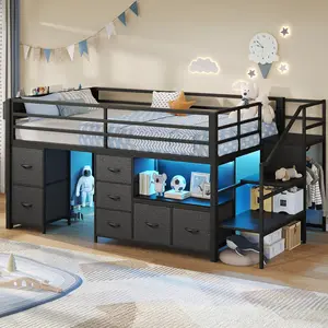 Sikaic Low Loft Bed Twin Size with Storage Stairs, 7 Drawers, Bookcase & RGB LED Lights, Metal Kids Loft Bed with Safety Guardrails, Play Curtain & Under-Bed Play Area, Space-Saving Design for Kids, Black
