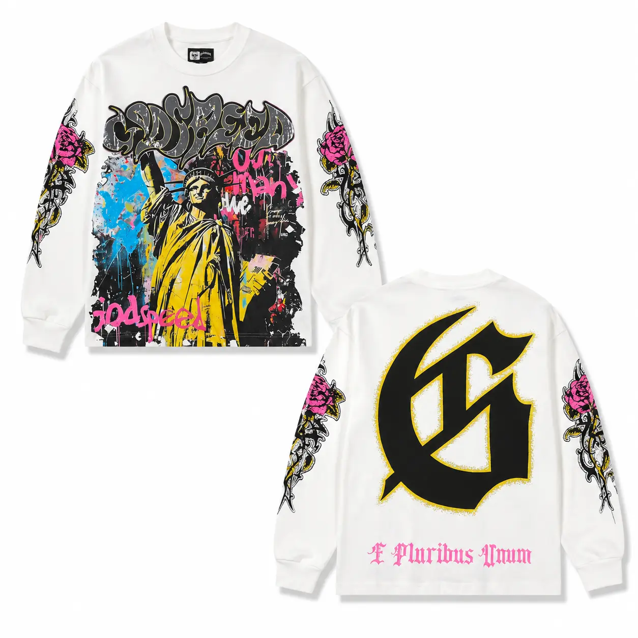 Godspeed Statue of Liberty Graphic Long Sleeve T-Shirt Men Women Vintage Washed Cotton Tee, Retro Streetwear Crew Neck Top with Skull Rock Artwork, Oversized Y2K Hip Hop Grunge Style Casual Shirt