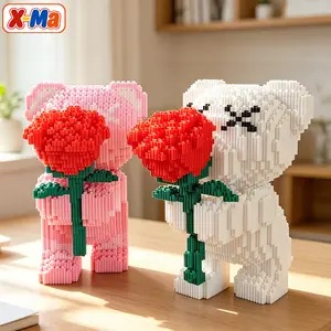 2 Pack Rose Bear Building Blocks Set - White & Pink Bearbrick Style Micro Brick Collectible Duo with Roses