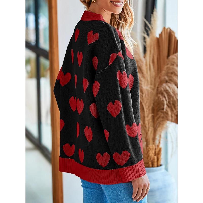 Saodimallsu Womens Oversized Heart Cardigan Color Block V Neck Button Long Sleeve Chunky Valentines Sweaters with Two Pockets & Contrast Trim