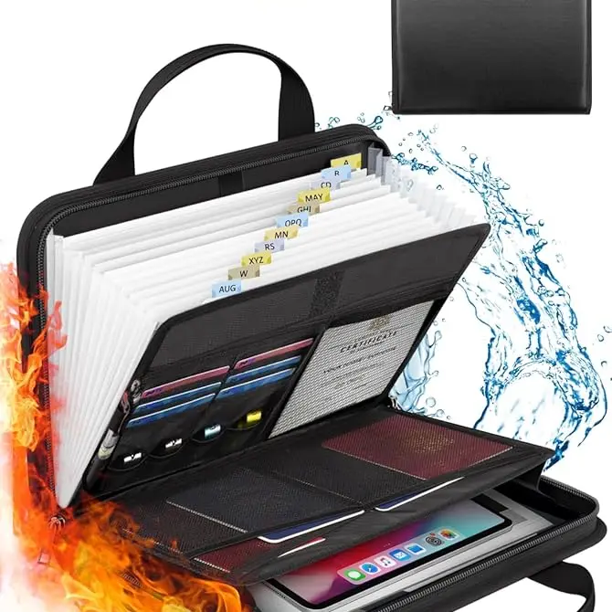 Important Document Organizer Folio Accordion File Organizer Fireproof Expanding File Folder Storage Box with Zipper Labels 13 Pockets for Business Office Receipt Travel