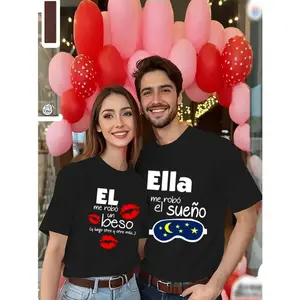 His and Hers Couple T-Shirt | Humorous Spanish Love Quotes and Cartoon Print, Slim Fit Round Neck Short Sleeve, Machine Washable, Spring Summer Casual Wear, Romantic Couple Gift
