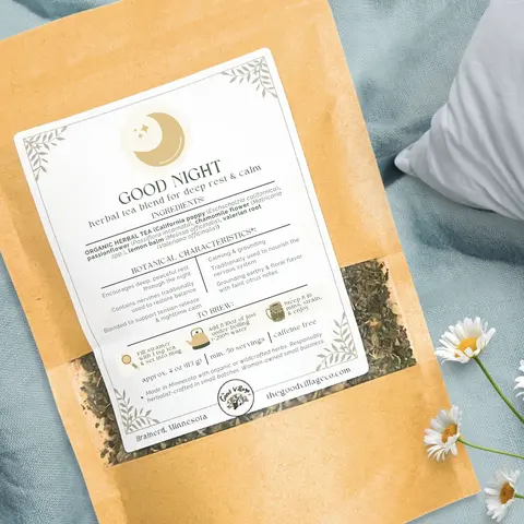 Good Night: Loose-Leaf Herbal Tea Blend for Deep Rest & Calm (Caffeine-Free) Traditional Herbal Beverage for Deep, Continuous Sleep with California Poppy, Passionflower, Chamomile,  Lemon Balm, & Valerian Root -- Nervine Herb Blend & Relaxation Aid