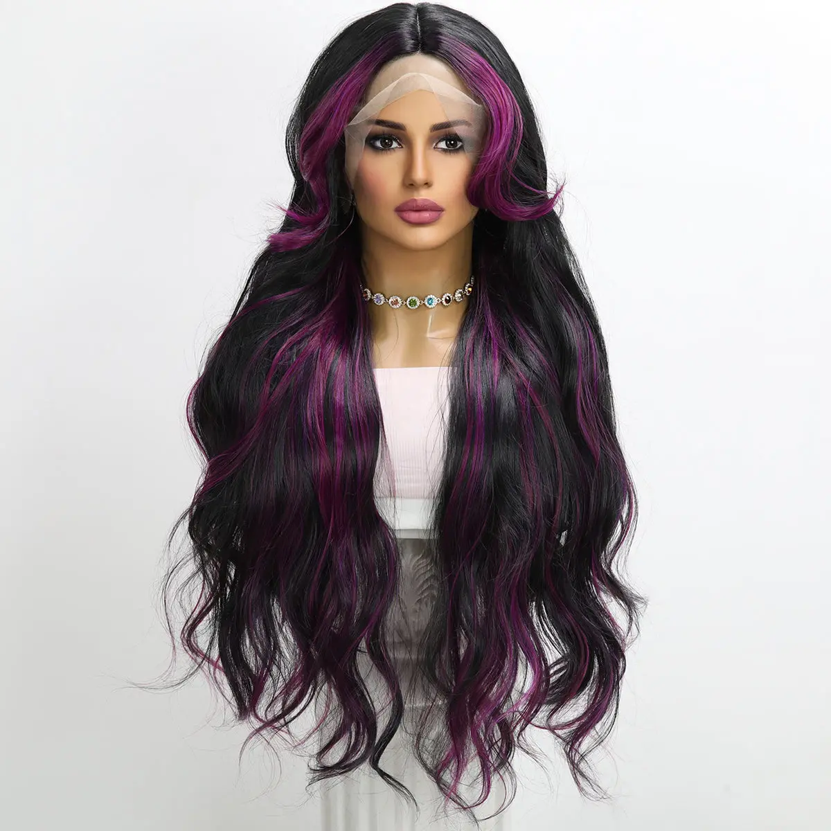 32-inch |  Pureple Black  Highlight Bodyway hair T part  Lace Front Wigs /SM9212