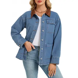 2026 Women's Denim Top with Patchwork Collar Denim Jacket