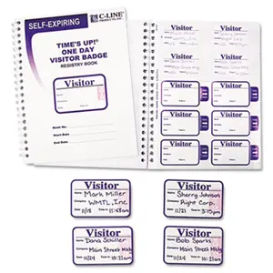 C-Line  Time's Up Self-Expiring Visitor Badges w/Registry Log- 2 x 3- White- 150/Box