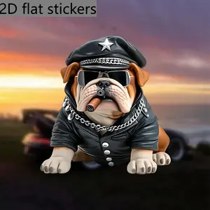 2D flat surface, 2D flat stickers, PVC stickers, featuring a tough bulldog in fashionable glasses and a leather jacket, suitable for cars, laptops, and walls- self-adhesive, single-use- perfect for glass, metal, and ceramic surfaces, 2D flat, surface