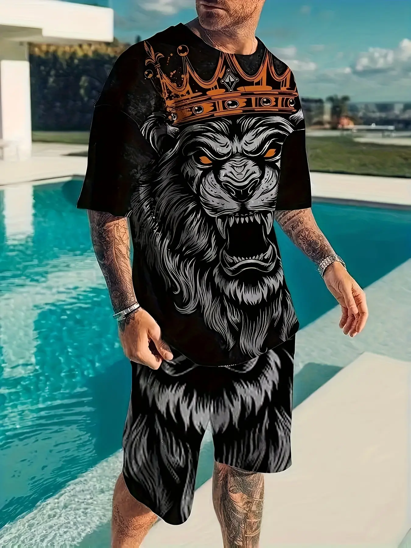 Men's Lion Print Sportswear Set, Casual Gym Wear, Breathable Quick-Dry Tee & Shorts, All-Over Design, Bold Patterns, Durable Material, Gym & Outdoor Use, Animal Pattern Sportswear
