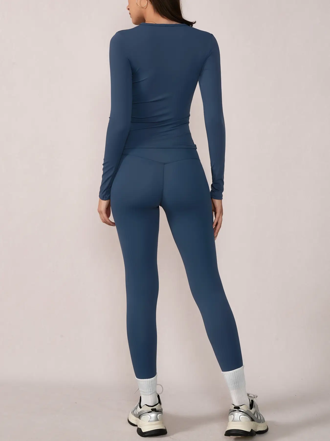 Women's high elasticity soft round neck flat shoulder long sleeved slim fit beautiful buttocks tight pants yoga suit set outdoor running cycling hikin