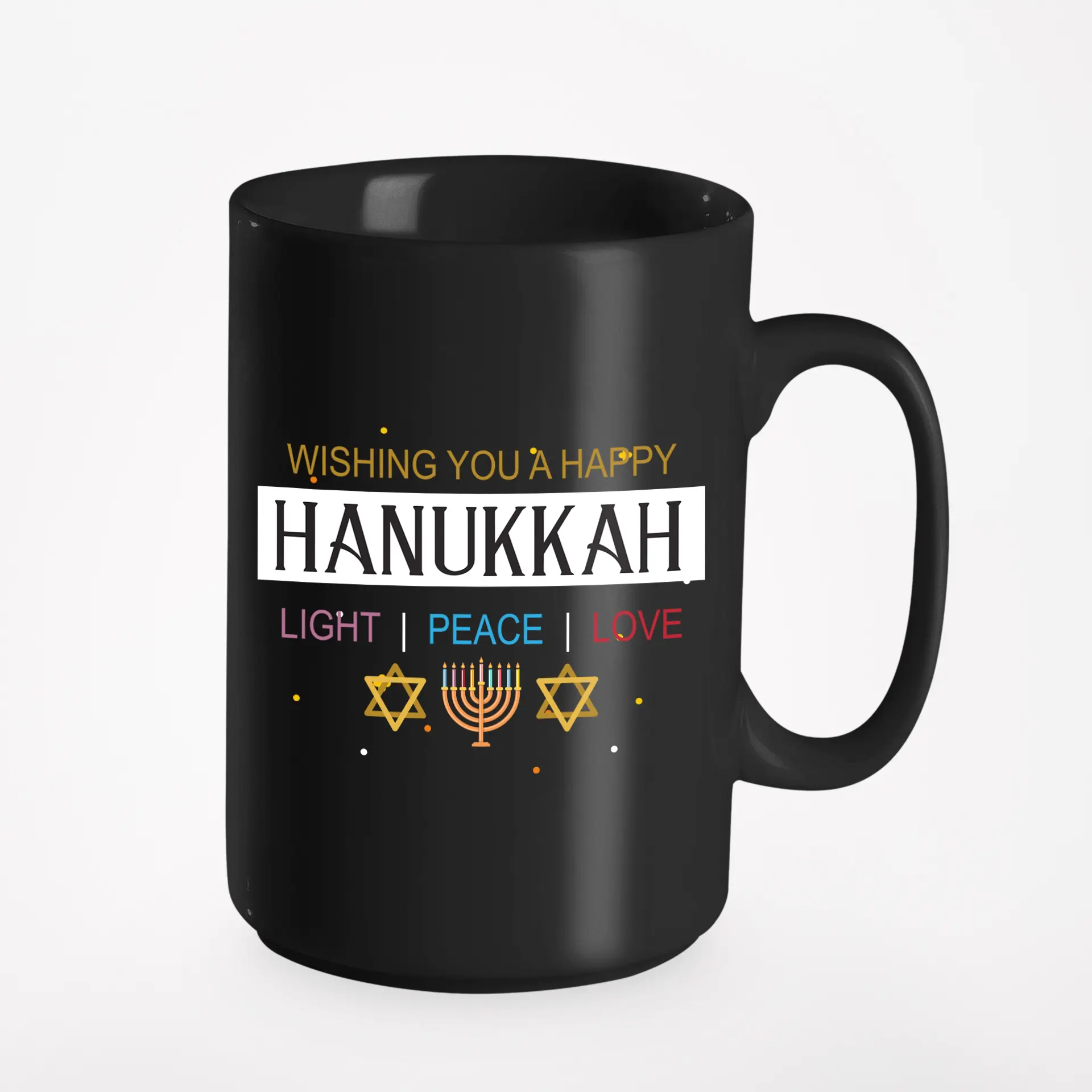 Wishing You A Happy Hanukkah. Light, Peace & Love With Menorah And Star Of David Print, Black 15oz Ceramic Mug