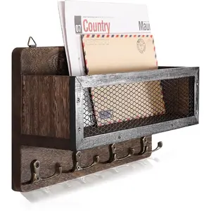 Mail and Key Holder for Wall Decorative, Wooden Wall Key Rack Organizer with 4 Double Key Hooks, Wall Mount Key Hanger for Wall with Shelf, Rustic Home Decor for Entryway Hallway, Brown