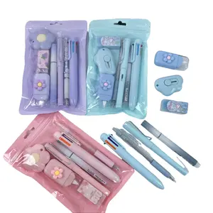 7 Pcs Kawaii Pastel Stationery Set - Cute Flower Design Pen Kit with Multi-color Pens, Eraser & Cutter | Aesthetic School Supplies for Students, Back to School Gift Set