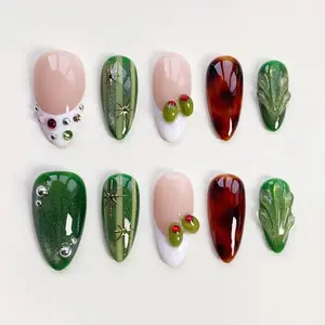 A19 Olive Cat Eye Press-On Nails, Green Marble and Tortoise Mix Design, Trendy Modern Style, Everyday Nails, Gift for Her
