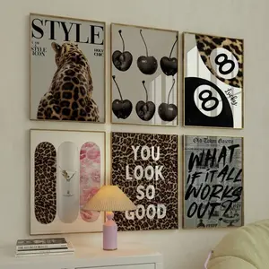 Set of 6 Leopard Cheetah Wall Art Prints – Y2K Retro Posters, Lucky 8 Ball & Cherry Style Fashion Stockholm Newspaper Digital