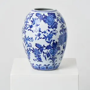 Blue & White Porcelain Chinoiserie Flower Bouquet Large Rounded Barrel Urn Vase