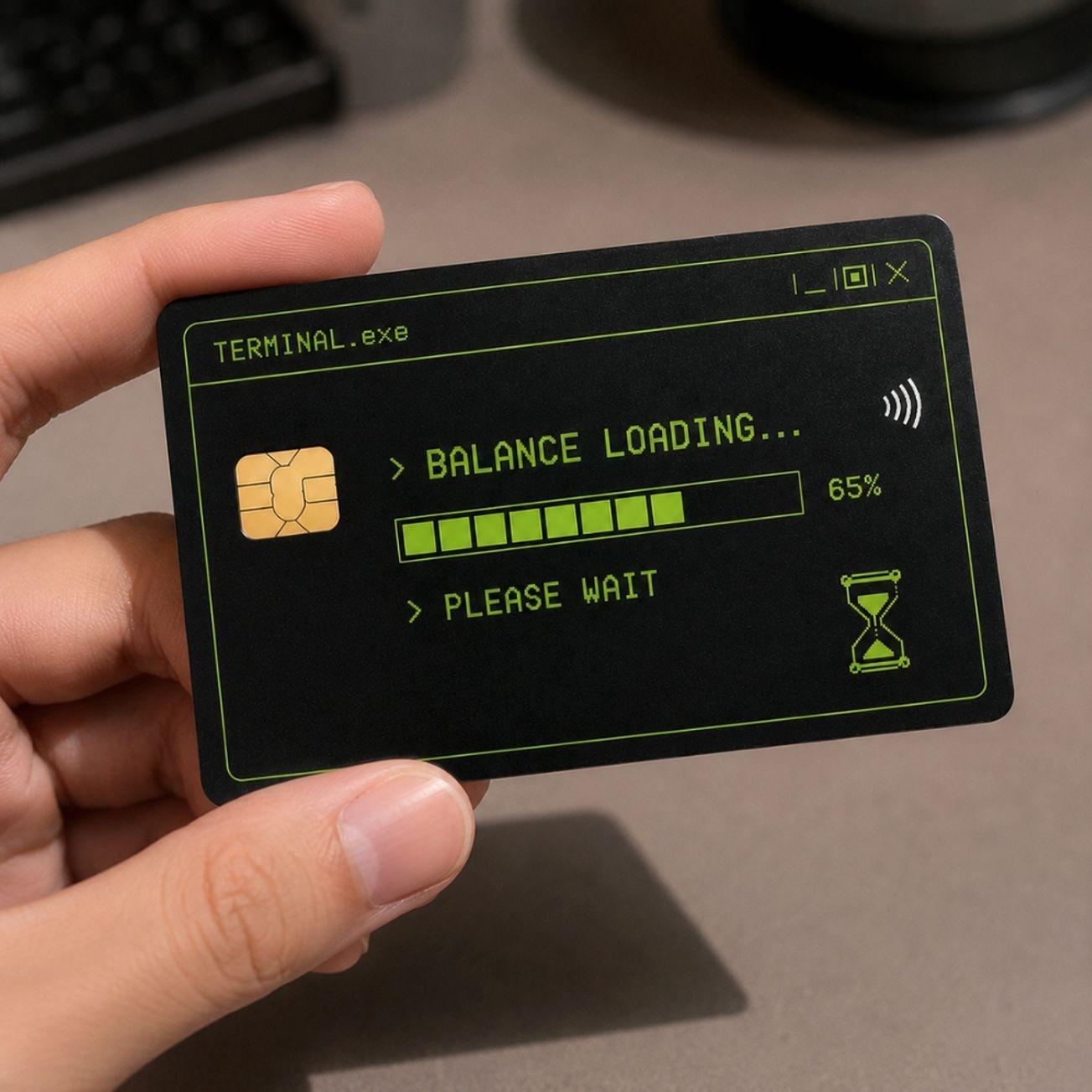 Balance Loading Credit Card Skin, Retro Computer Terminal Design, Funny Tech Card Sticker, Minimal Black Green Card Cover