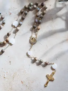 Earth As It Is in Heaven Rosary | Earth Tone Gemstone Rosary: 18K Gold Filled, Freshwater Pearl Hearts