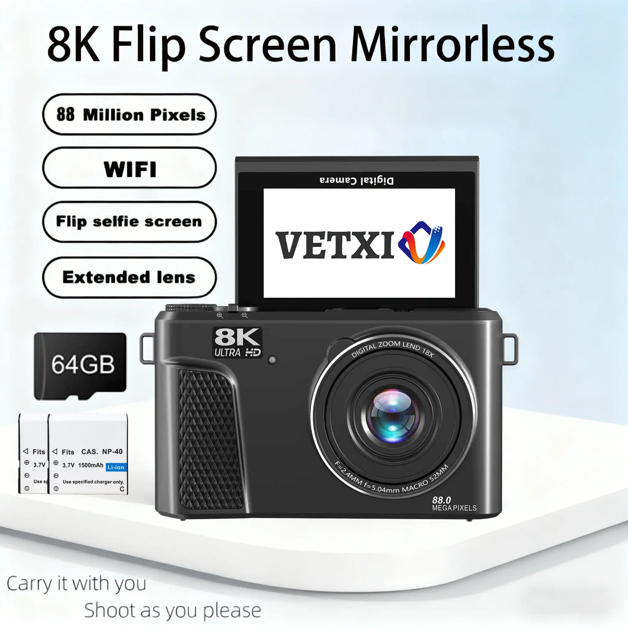 VETXI-30 Rechargeable Pink 8K CMOS Compact Point & Shoot Digital Camera - 88MP LED WiFi MP4 High Definition Vlogging Gear, 3-inch 180° Flip Screen, Autofocus, 18x Digital Zoom, 32GB SD Card, Cable Included, Compact Camera, High Definition Camera