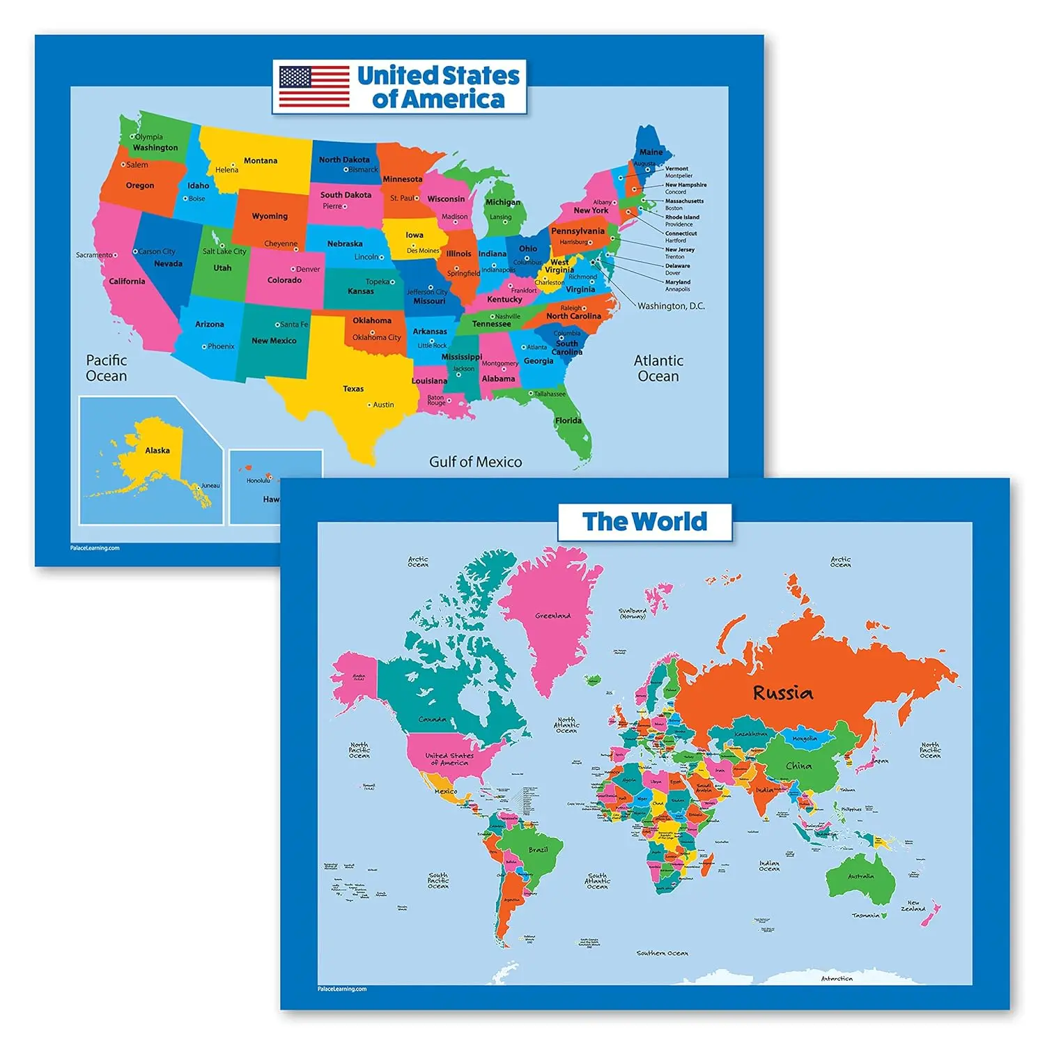 Laminated 2-Poster Set - World Map & English Map Wall Charts (18x24) for Classroom Students, Children - Educational Office/School Stationery Supplies