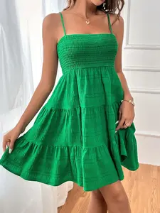 A women's solid color off-shoulder fine spaghetti strap Sleeveless textured dress, suitable for summer, daily casual wear, vacations, dates, gatherings, and othe Womenswear
