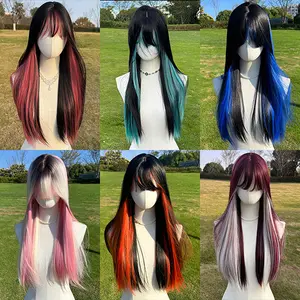 SMILCO/24Inch Black With Pink/Blue/Green/Orange/Pink Highlight Long Straight Synthetic Wig For Christmas Gift/Cos/SM408 Female Hair Accessory