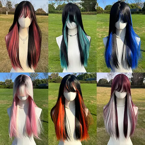 SMILCO/24Inch Black With Pink/Blue/Green/Orange/Pink Highlight Long Straight Synthetic Wig For Christmas Gift/Cos/SM408 Female Hair Accessory Colorful Wigs Synthetic Hair Wigs, Silky Straight Hair