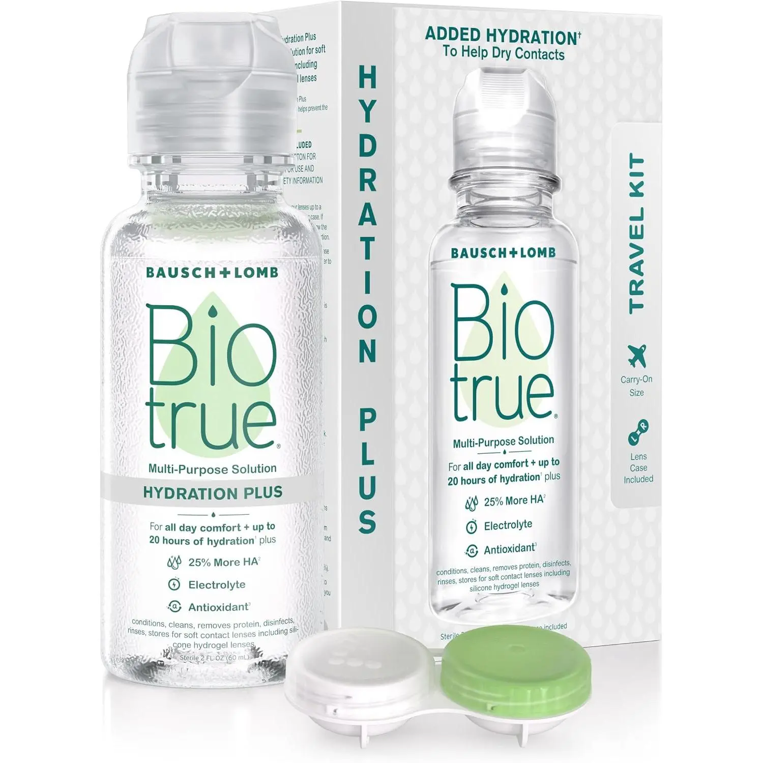 Biotrue Hydration Plus Contact Lens Solution with Lens Case, Multi-Purpose Solution for Soft Lenses, Hydrates with Hyaluronan, Cleans, Clears, and Disinfects for All-Day Comfort, 2 Fl Oz (Pack of 2) Makeup