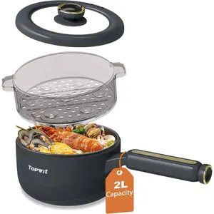 Electric hot pot with steamer, 2L multifunctional electric cooker, nonstick sauté pan, portable pot for steak, fried rice, ramen, soup with dual power control, gray (spatula not included)