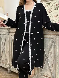 Elegant Women's Spring Summer Sleepwear Set, Cherry Print Sexy Lace Trim Tank Top, Long Pants Three-Piece Suit, Cool Breathable Home Wear, Homewear