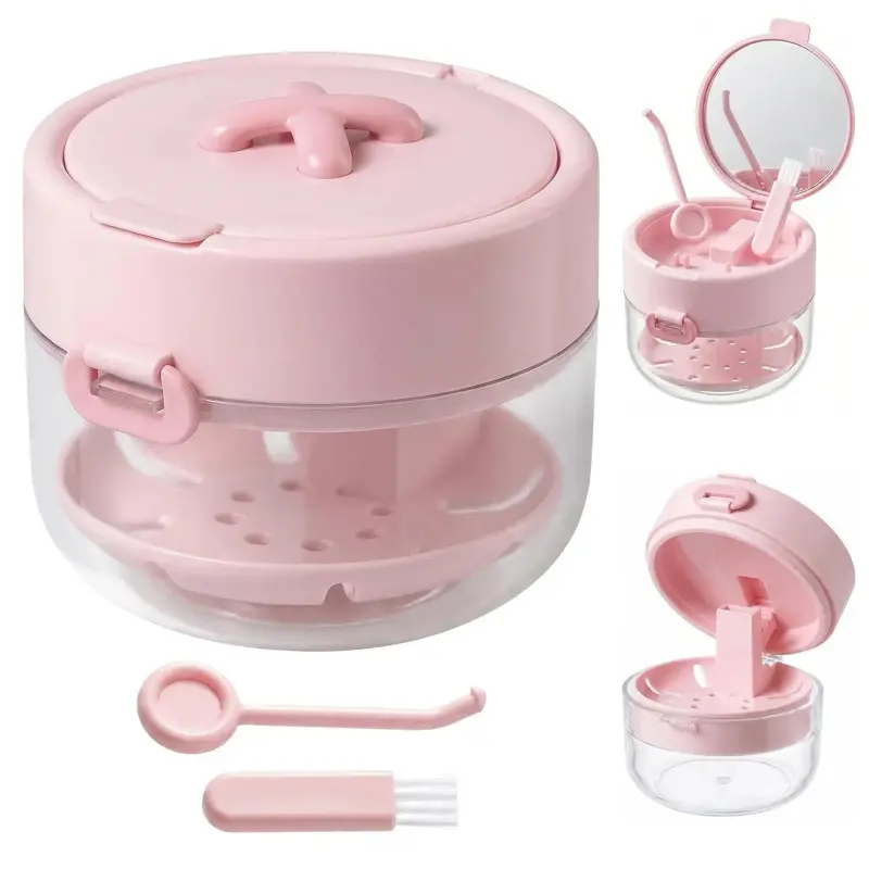 Retainer Case for Women Teen Girls, 3-in-1 Denture Bath Box with Leak Proof| Large Capacity Denture Bath Case with Mirror Cleaning Brush and Removal Tool for Orthodontic and Denture Users
