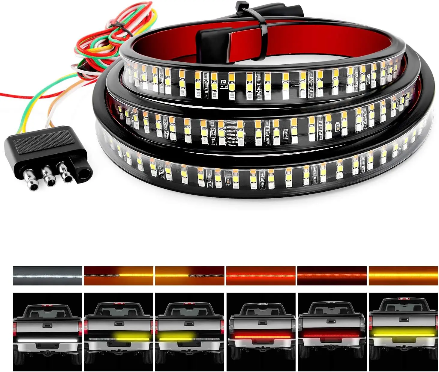 Nilight 60" Dynamic Tailgate Light Bar - 3-Row 504 LEDs Strobe Light Kit, Red Brake, White Reverse, Sequential Amber Turning Signals, Multiple Modes, Silicon Seal, Peel-Stick 3M Tape, Durable LED Taillight Lighting Assemblies & Components, All Seasons, 4-