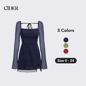Cider [3 colors, size 0-24] Square Neck Solid Glitter Knotted Mini Dress