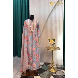 Grey Floral Printed Salwar Kameez Set with Dupatta