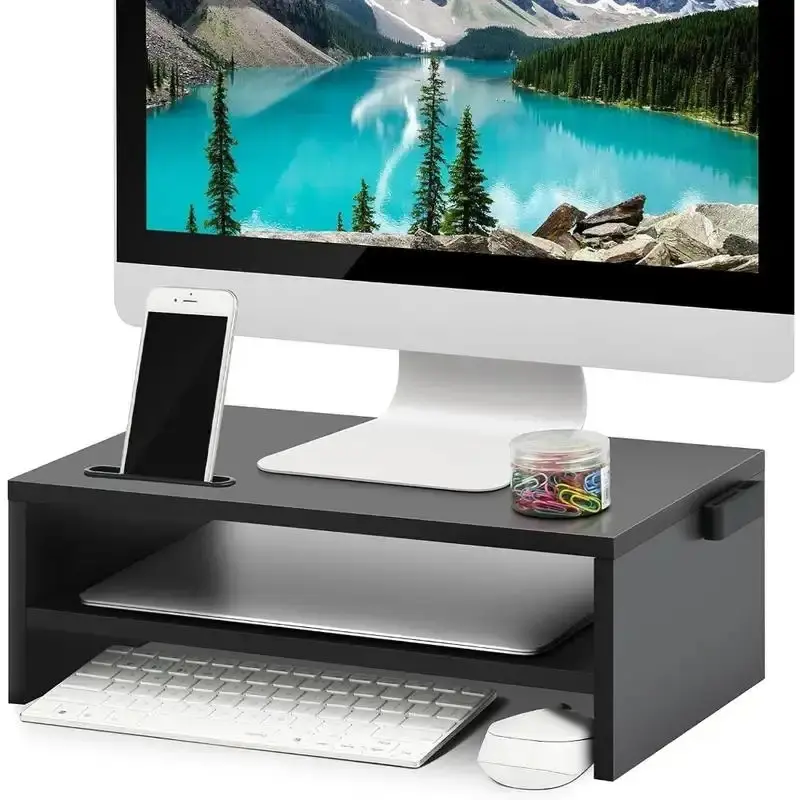 Monitor Stand Riser, 16.5 Inch 2 Tier Computer Printer Sh Stand for Laptop Computer Screen Stor, Desktop Stand with Phone Holder and Cable Manment Black