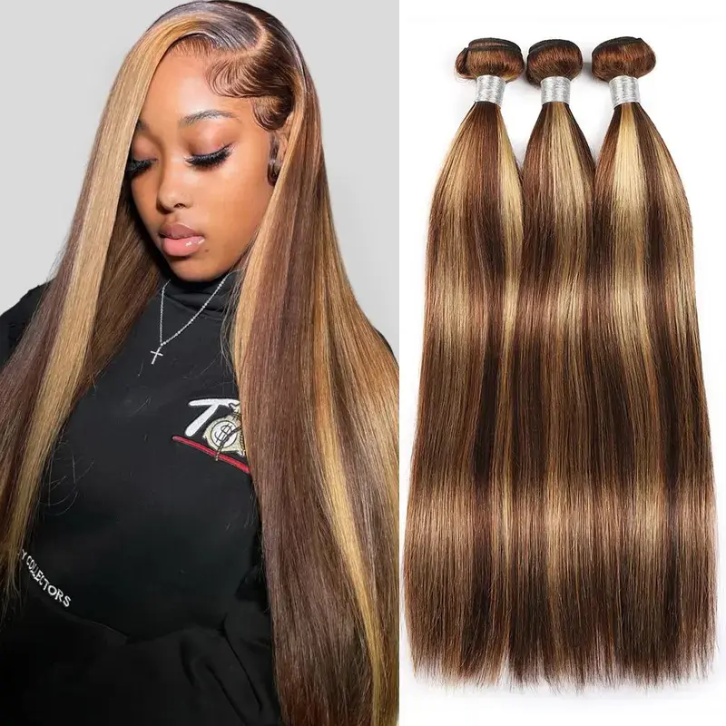 GXTKI Straight P4/27 Honey Blonde Highlight Hair Bundles Brazilian Body Wave Human Hair Weave 3 BundlesHair Bundles/Body Wave Human Hair Bundles P4/27 Highlight Hair Bundles 30Inch Quick Weave Extensions  Closure With Human Hair 95-100G/Bundle