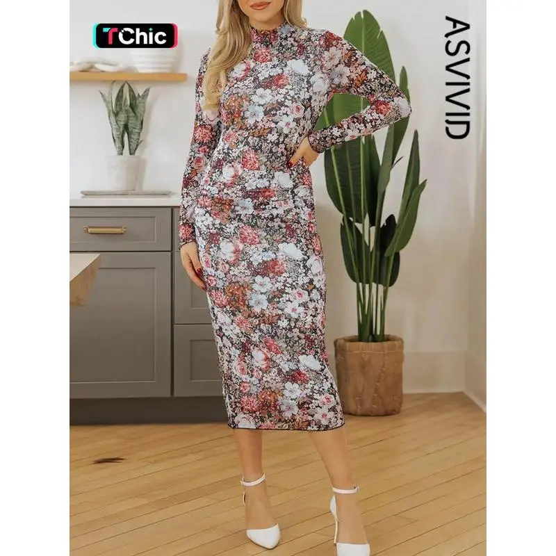 chinese dress ladies Mikael Aghal Floral Print Sheer Chiffon Midi Dress – Long Sleeve High –  MIKAEL AGHAL main image 1