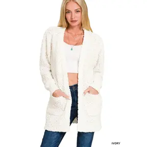 Ivory Colored Long Sleeve Popcorn Sweater Cardigan with Pockets