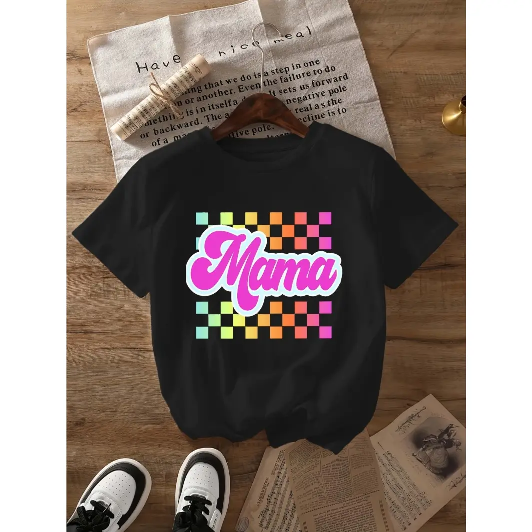 Womens Cotton Graphic Tee Mama Colorful Checkered Print Short Sleeve Crewneck Shirt Soft Breathable Casual Everyday Outfit For Moms Mothers Day Gift Streetwear