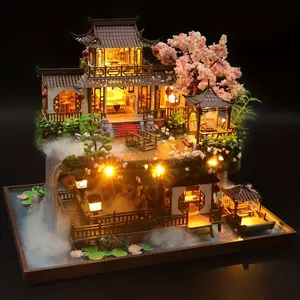 Handmade Cabin Wonderland Chinese Style Ancient Town Building Large Villa Model House, Diy Wooden Assembled House Building Scene Puzzle Home Decorations Crafts Ornaments, Birthday Gifts For Men Women Valentine's Day Gifts