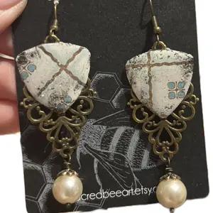 Sacred Bee Reclaimed and Up Cycled Tin Earrings with Unique Leaf Design and pearl beads
