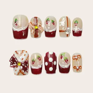 Moonovate - SNOW STRAWBERRY 10pcs Handmade Press On Nails Christmas Nails Square Nails REUSABLE 3D Gel Fake Nails Acrylic Press On Nails