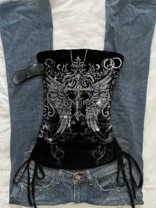 SHANIAH Women Casual Drawstring Grunge Goth Punk Dark Vintage Wing Print Knotted Bandeau Top
