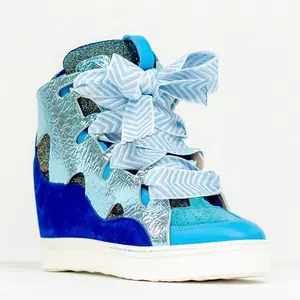Courageous Metallic Blue Lace-Up Wedge Sneakers | Trending Lightweight Sports Shoes, Trainer Sneakers with 3.5-Inch Heel, Napa Leather, Avant-Garde Style, Made in Italy