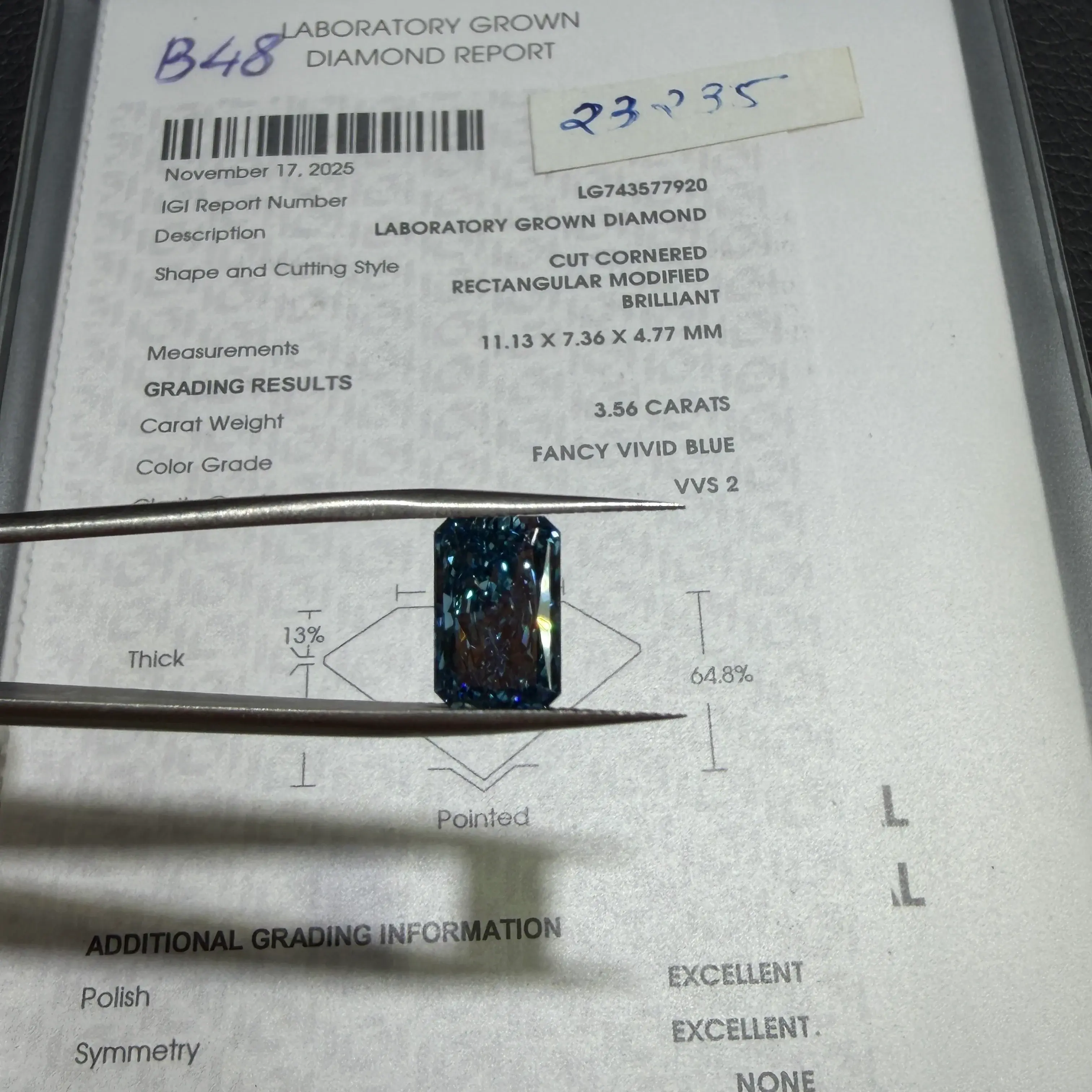 3.56ct Cut Cornered Rectangular Modified Brilliant Lab Grown Diamond (Fancy Vivid Blue, VVS2, IGI Certified)