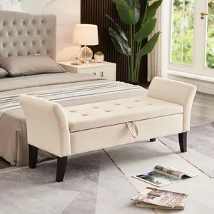 Chenille Upholstered Storage Bench 51.5" Bed Bench with Storage Beige Velvet
