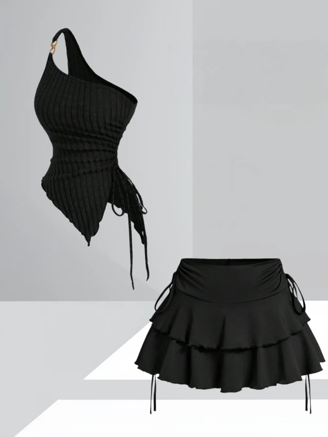 Plus Size Sweet Cool Trend Style Asymmetrical One-Shoulder Top Set, Adjustable Drawstring Ruffle Skirt, Streetwear Bold Two-Piece, Womenswear Outfit