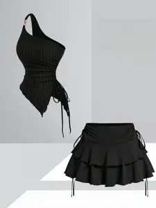 Plus Size Sweet Cool Style Asymmetrical One-Shoulder Top Set, Drawstring Ruffle Skirt, Streetwear Hot Girl Two-Piece