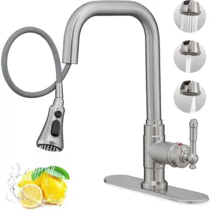 Brushed Nickel Kitchen Faucet with Sprayer, 3 Modes Pull Down Kitchen Sink Faucets, 304 Stainless Steel Suit 3 Hole or 1 Hole with Deck Plate & Pipes